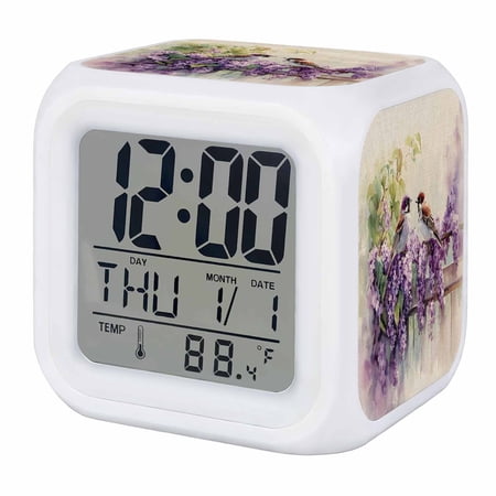 Flowers Birds Digital Alarm Clock for Bedrooms, Smart LED Alarm Clock with 7 Color Changing Night Light, Spring Blossoming Botanical Painting Silent Wake Up Clocks for Sleep Study Cooking 3.2x3.2