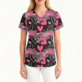 thumbnail image 4 of Minjewel Women's V-Neck Workwear Blouse Short Sleeve Pocket Top Heart Print Side Slit Nurse Uniform Casual Summer Tee,Black L, 4 of 4
