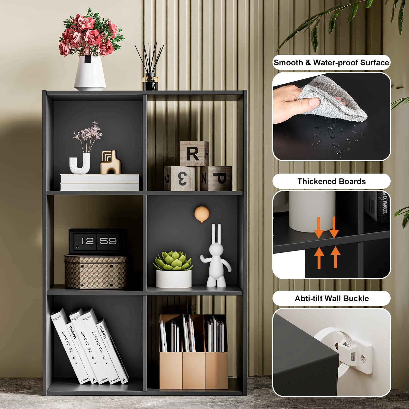 Casabay 6 Cube Storage Organizer, Solid Wood Bookshelf with Compartments & Removable Back Panels for Bedroom, Living Room, Home Office, Black