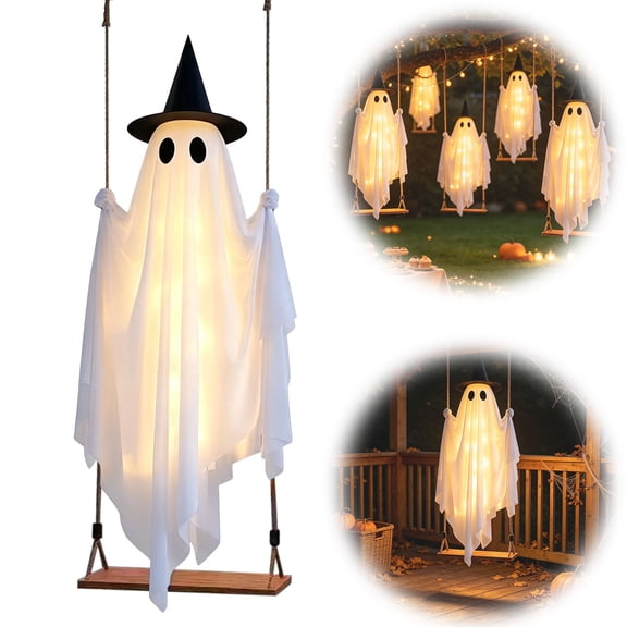 Luckky 6 FT Large Hanging Swing Ghost Halloween Outdoor Decoration,Spooky Cute Hanging Ghost Ornament,Holiday Decor for Front Porch,Yard,Garden Tree & Halloween Party(with Light)