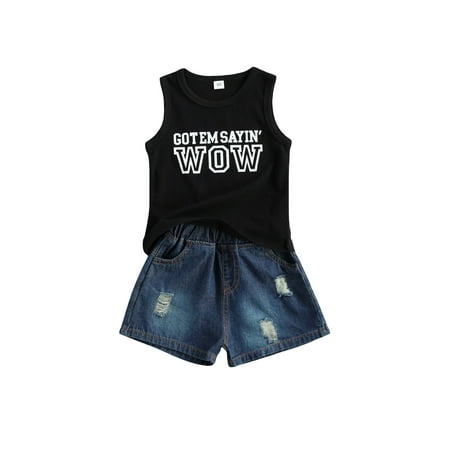 

Baby Boy Summer Clothes Sleeveless Letter Vest Top Ripped Jeans Shorts 2Pcs Set