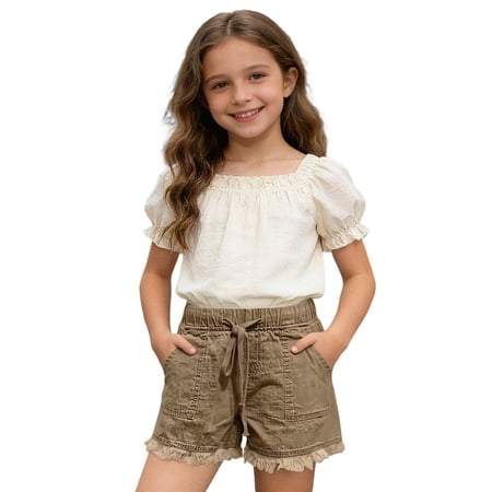 HXWCHs Girls Lightweight Shorts Casual Baggy Trendy Hot Pants Elastic Waist Drawstring Comfy Shorts Brown 11-12 Years
