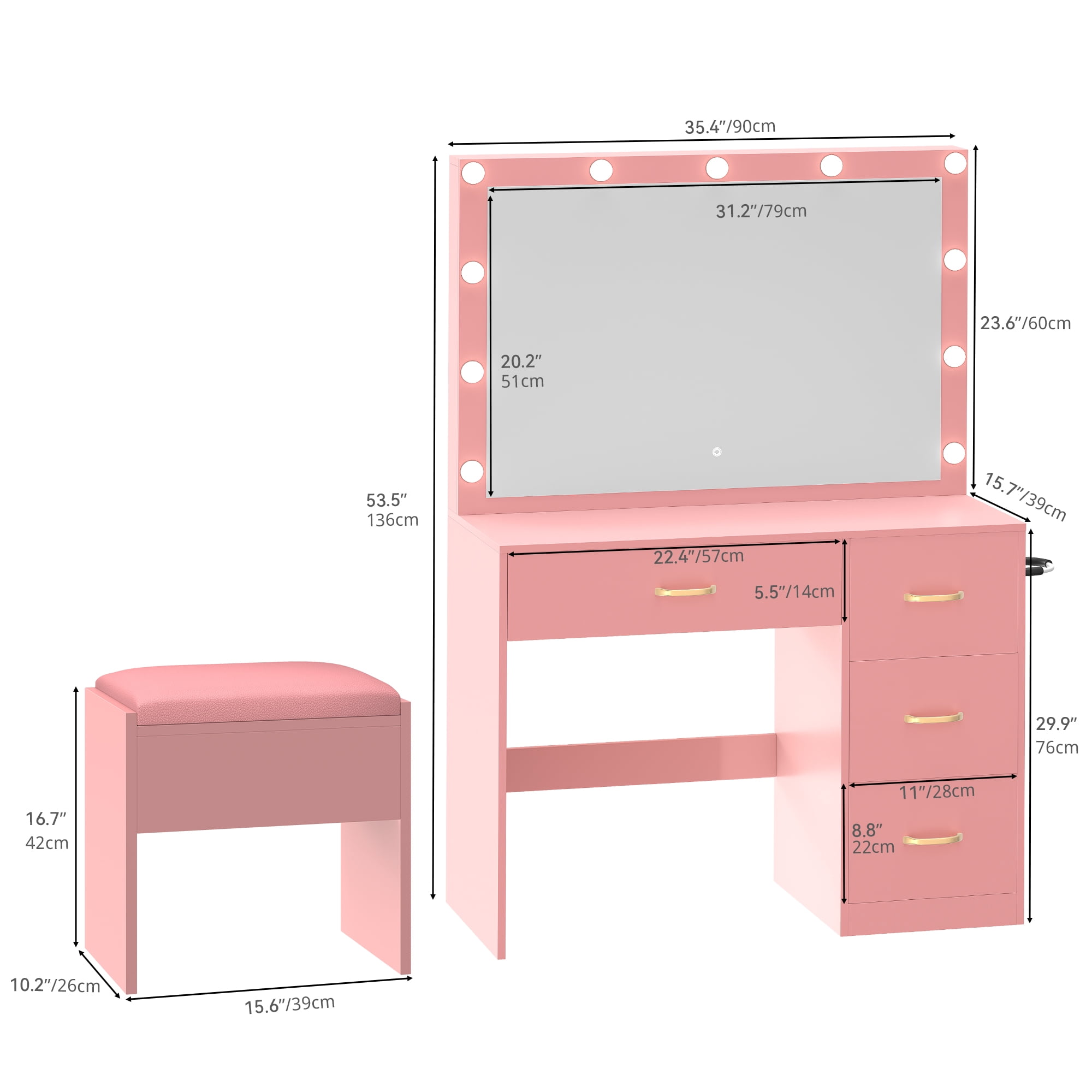 Uforic Adults' Makeup Vanity  with Lighted Mirror, Power Outlet & 4 Drawers – Elegant Bedroom Table in Pink