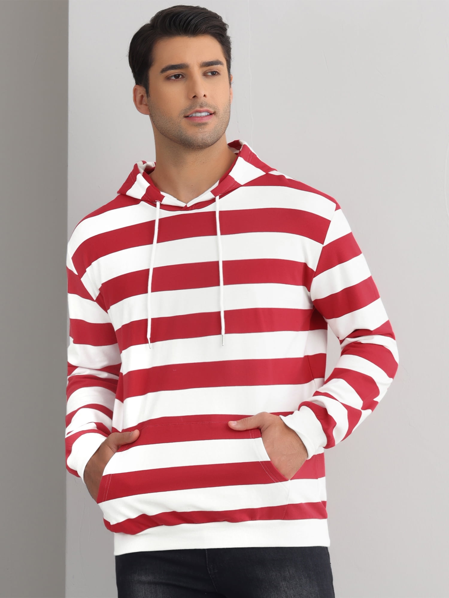DARING DIVA Men's Striped Long Sleeves Drawstring Pullover Sweatshirts Hoodie M Red White
