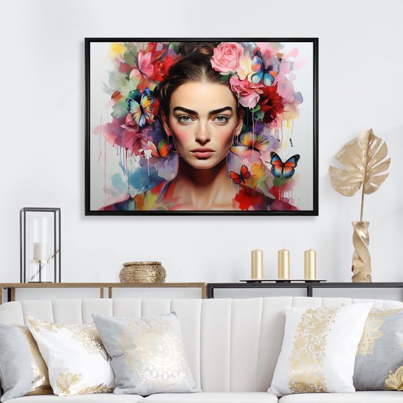 Designart "Frida's Crown Kahlo Flower Portrait" Fashion Framed Wall Art - Glam Pink Woman Mexican Hallway Framed Wall Art Decor