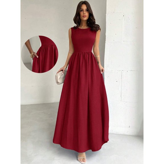 Burgundy Womens Sleeveless A-Line Maxi Dress, Fitted Waist, Elegant Formal Gown For Events