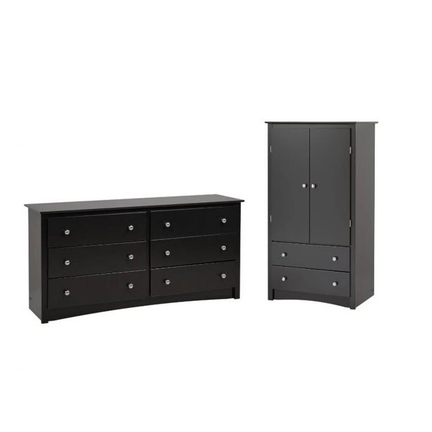 2 Piece Dresser and Wardrobe Armoire Set in Black