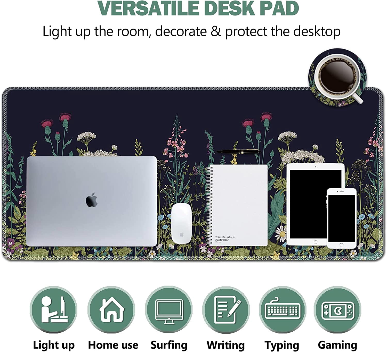 Large Gaming Mouse Pad, Extended Mouse Pad with Stitched Edge, XL Keyboard Mouse Mat Non-Slip Rubber Base Desk Pad 31.5x15.7inch for Office Home Game Work -Flowers Plants