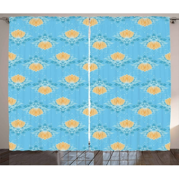 Ambesonne Lotus Curtains 2 Panel Set, Japanese Themed Flora, 108" x 108", Marigold Blue White