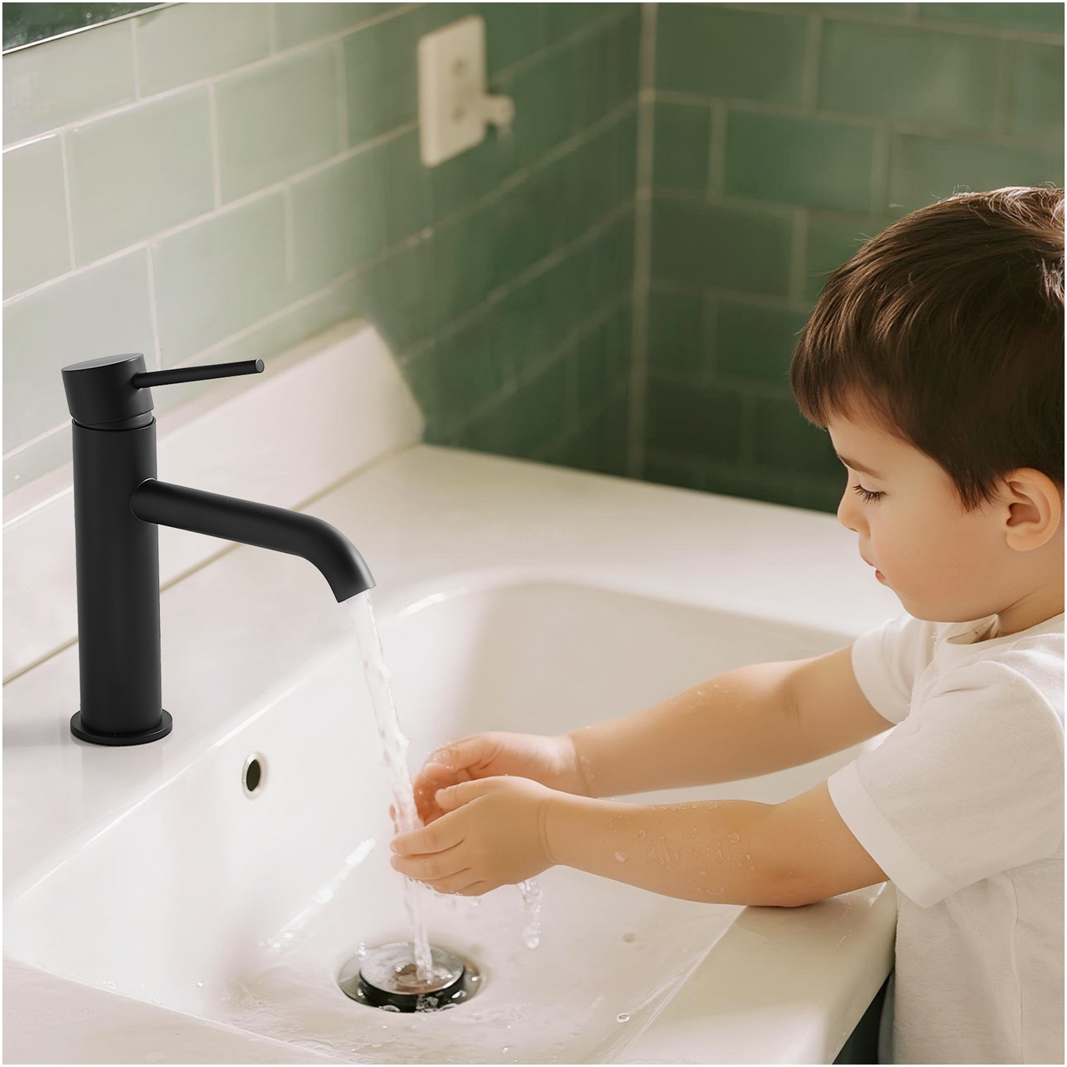 JERFIT Modern Single Hole Bathroom Faucet, Waterfall Black Vessel Sink Faucet with Single Lever Handle, Brushed Nickel Finish for Vanity Basin