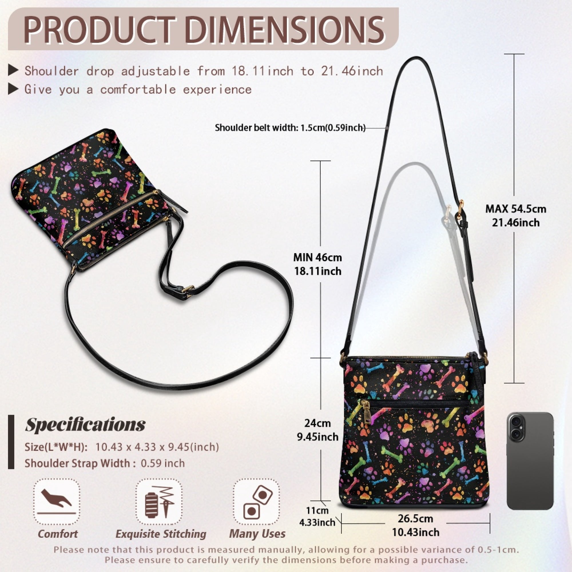 ZUXONGSY Colorful Dog Paw Bone Print Shoulder Bag for Women Mini Crossbody Purse Waterproof Satchel with Adjustable Wide Strap for Dating Workout