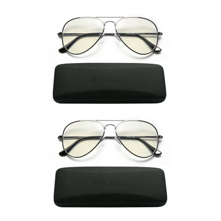EYE ZOOM 2 Pack Aviator Style Blue Light Blocking Reading Glasses for Men and Women, Gunmetal, +3.00