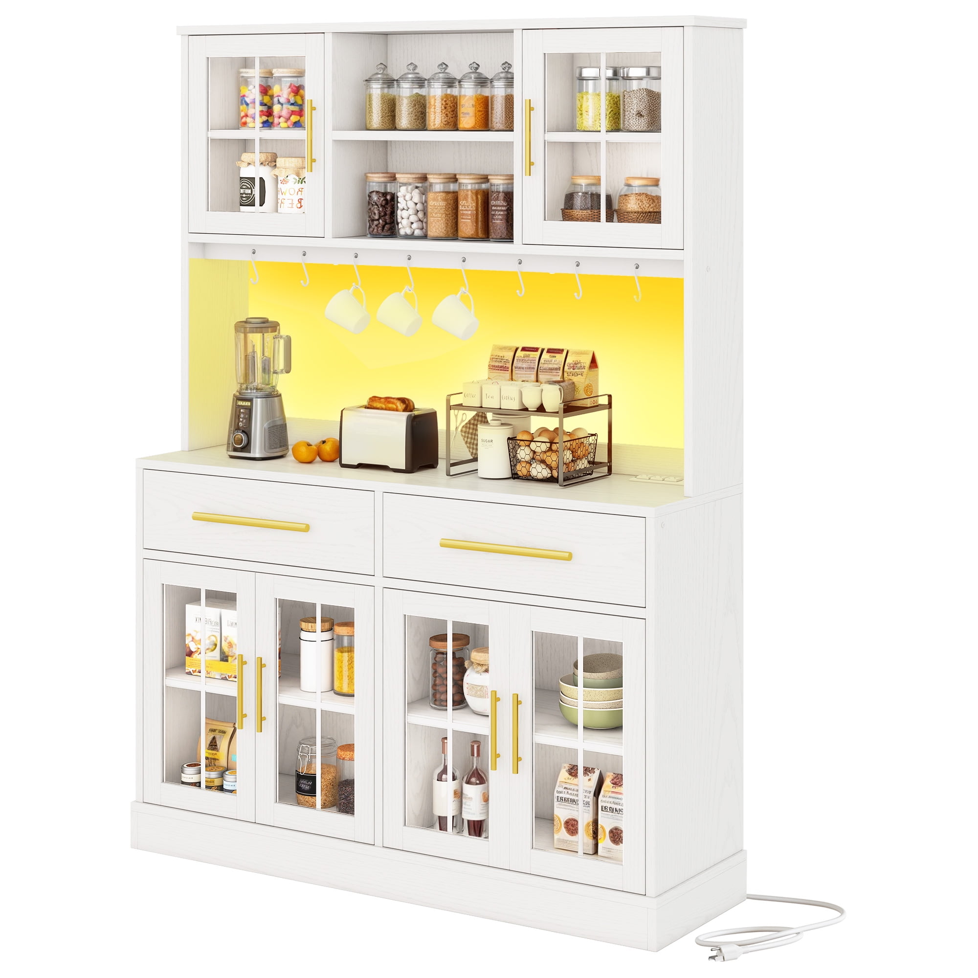 Uforic 71'' Tall Kitchen Pantry Storage Cabinet with 6 Doors, 2 Drawers, Freestanding Kitchen Hutch with Microwave Stand & Power Outlet, White