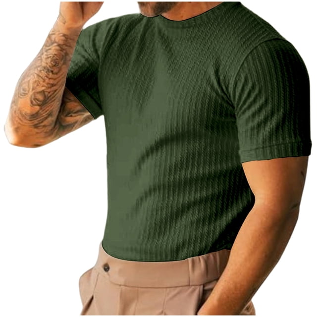 FAIWAD Men's Ribbed Knit T Shirts Short Sleeve Crew Neck Slim Stretchy Muscle Shirts Basic Classic Workout Athletic Tops