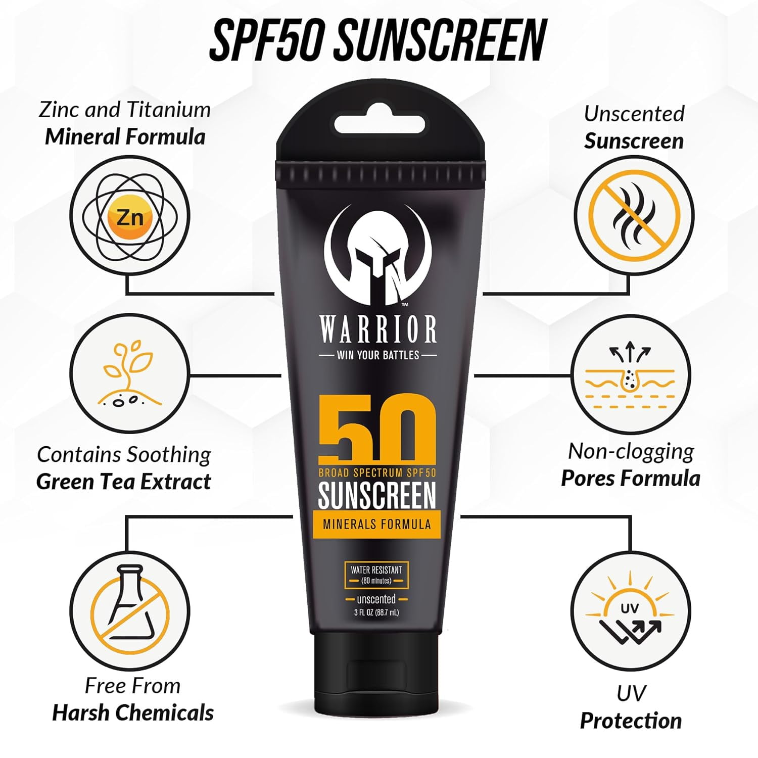 Warrior SPF 50 Sunscreen Lotion - 80 Minutes Water Resistant, Reef Safe, Unscented Lotion – Non-Nao Zinc & Non-NanoTitanium Sunscreen with Mineral Formula - 3 Fl. Oz