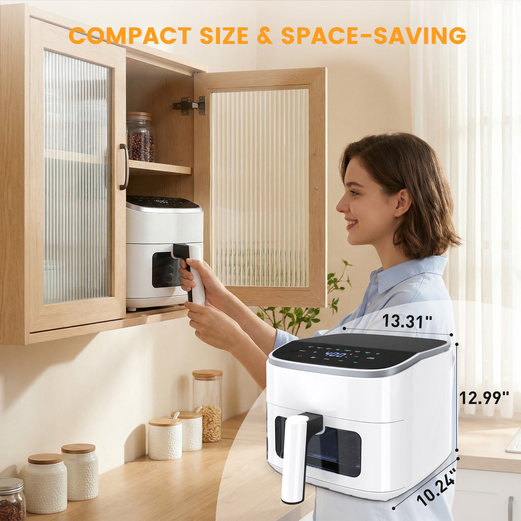 EDX 4QT Air Fryer, 1500W Digital Touchscreen with 8 Presets, Visible Window, Flip Reminder, Nonstick Dishwasher-Safe Basket, White