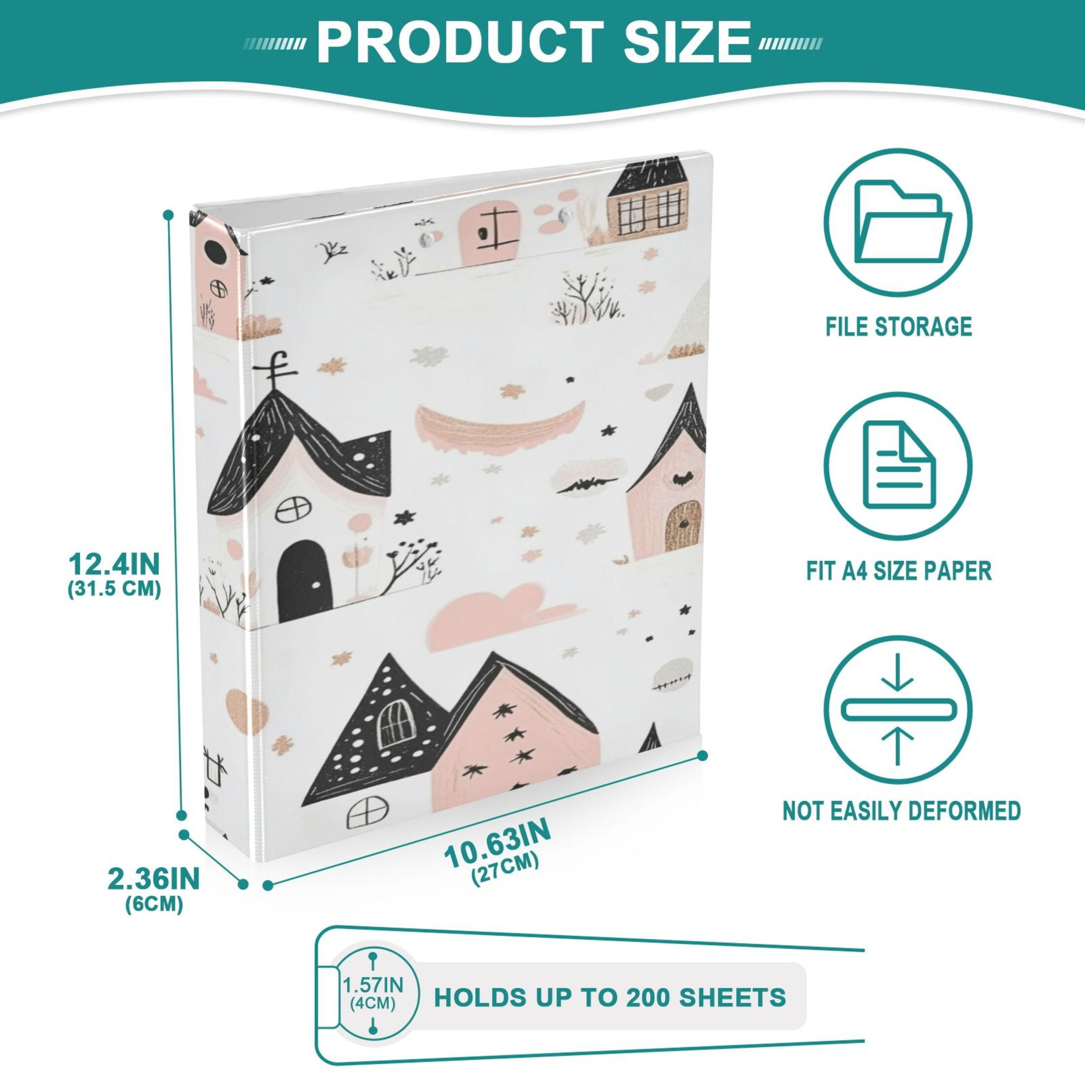 Cute House Pattern 12.4x10.6in PVC Round Ring Binder, D-Ring 3-Hole, Metal Clip, 200 Sheets