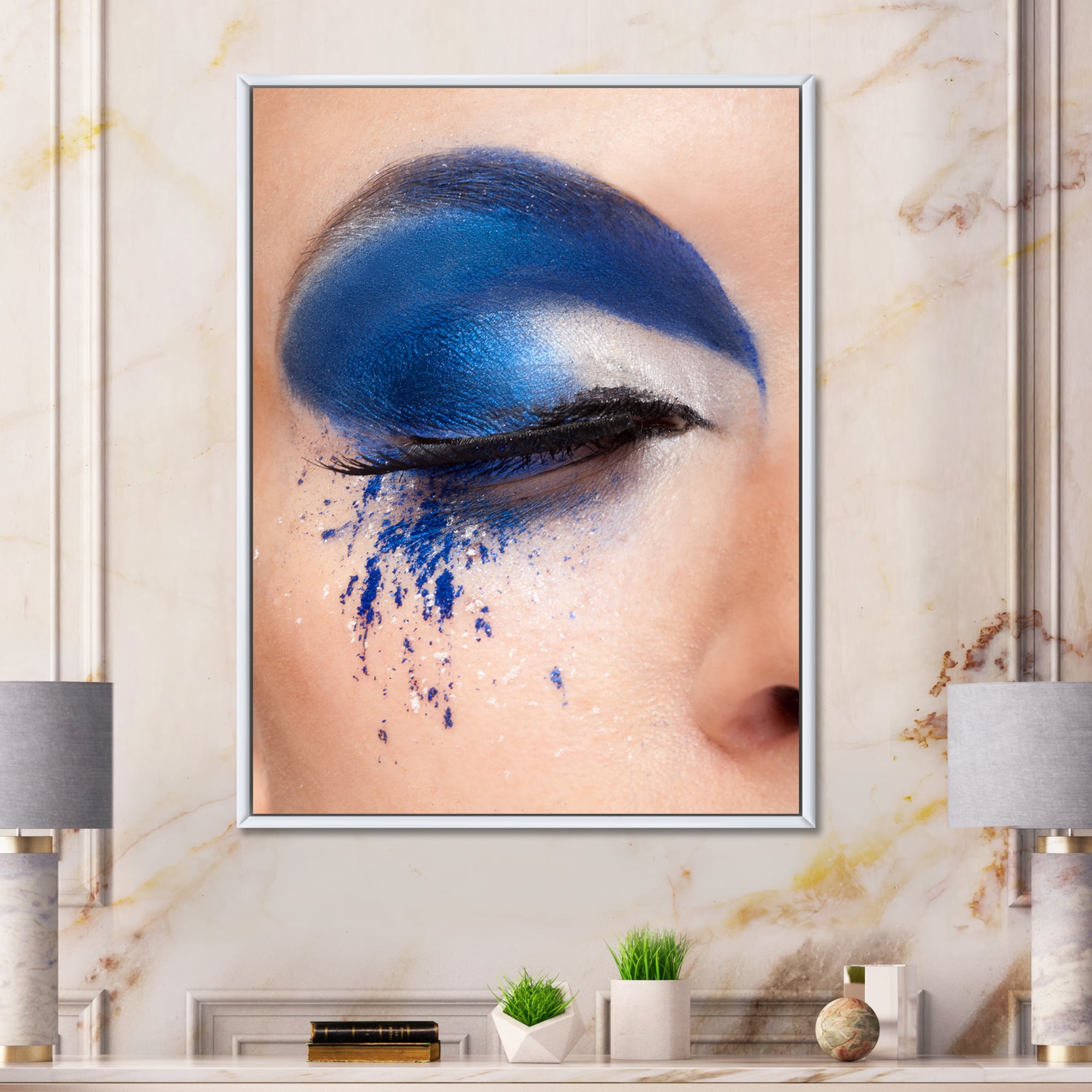 Designart 'Closed Woman Eye With Blue Fantasy Make Up' Modern Framed Canvas Wall Art Print