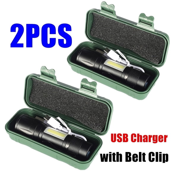 2-Pack Mini LED Flashlight Super Bright COB Torch Small Lamp USB Portable Rechargeable Flashlights Side Light 3-Modes Zoomable Flash Light for Home Emergency Camping Hiking Fishing