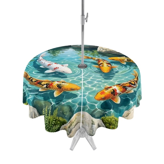 Outdoor Tablecloth with Umbrella Hole Zipper Golden White Fish Round Tablecloth 54" Waterproof Outside Table Cloth Summer Pond Botanical Lucky Patio Table Cover Tablecloths for Picnic Party