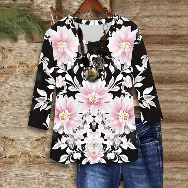 Excellents Cadeaux à Petit Prix DYTTDG T-shirt pour Femme Grande Taille Manches 3/4 Hauts pour Femmes Chemise Imprimée Col Rond Blouse Décontractée Ample Hauts pour Femmes