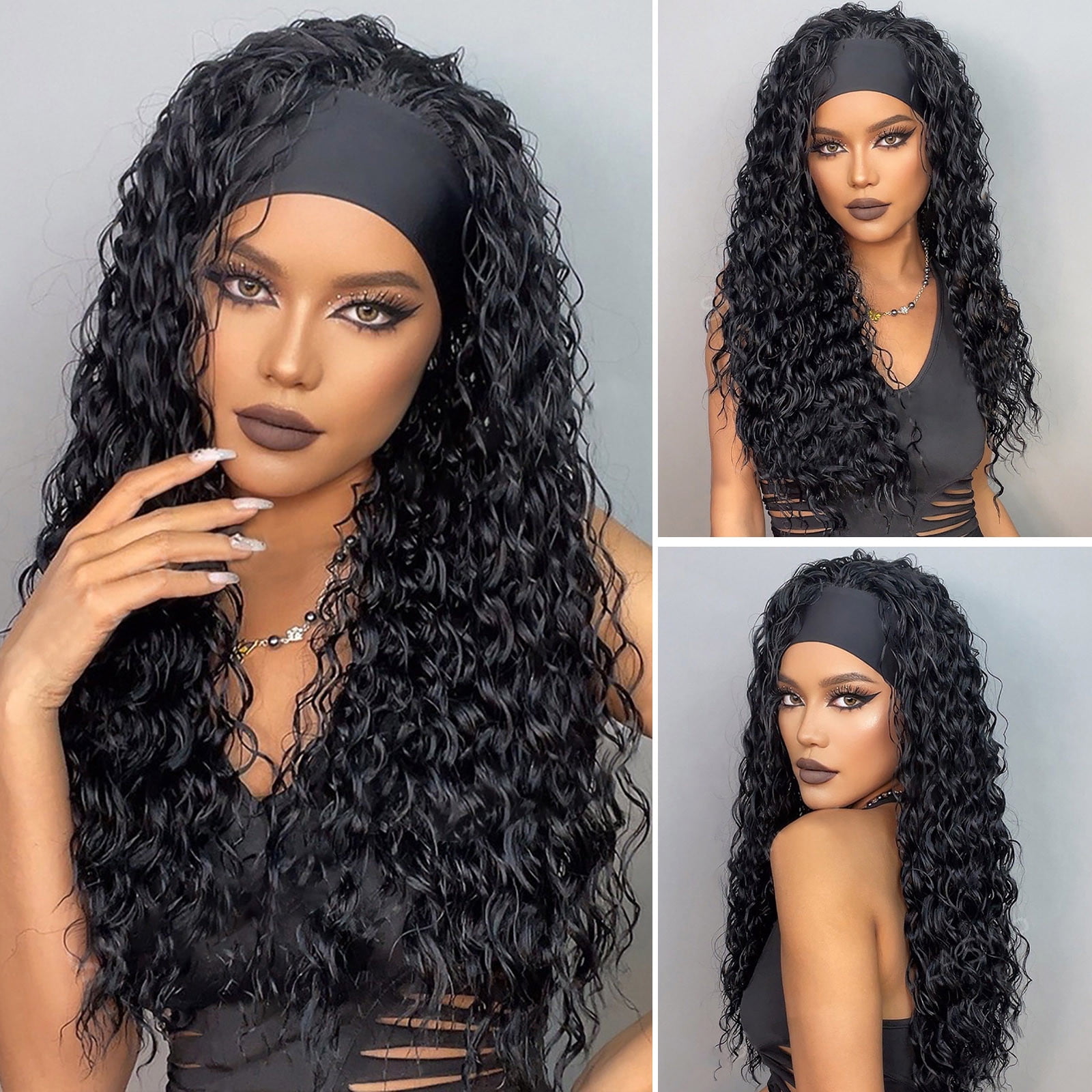 Headband Wigs Long Black Body Wave Clueless Wigs for Black Women,24inch Headband Wig Curly Deep Wave Headband Wig,Synthetic Natural Looking Wavy Head Band Wig Human Hair Wigs