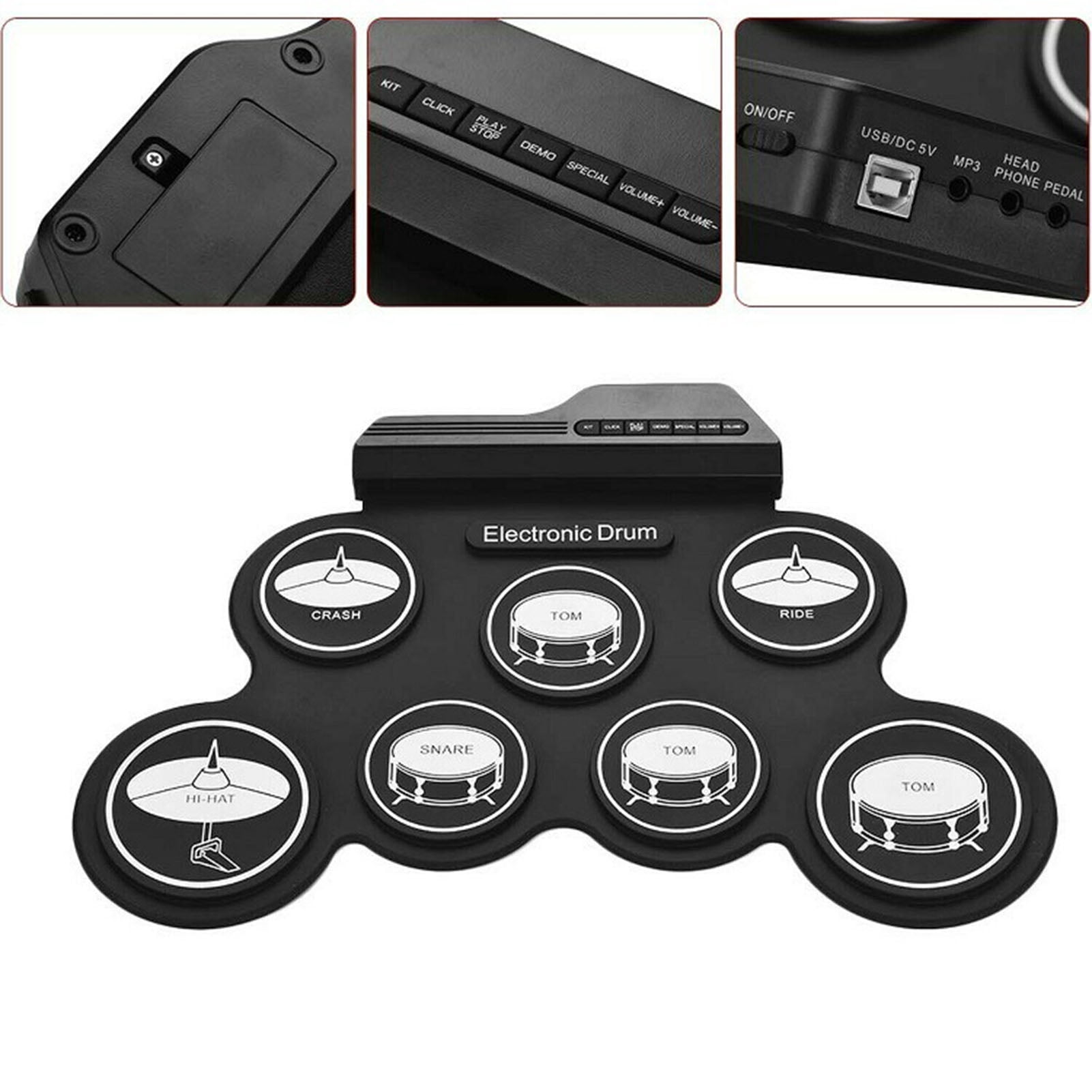 Electronic Drum Set 7 Pads 5 Tunings 8 Demonstration Songs 3 Rhythms Portable USB Roll Up Drum Practice Pad