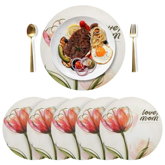 Flower Love Mom Black Round Placemats Plate Mats 15 Inch Non-Slip Heat Resistant Washable PVC Set Indoor for Kitchen Dining Table 1PC