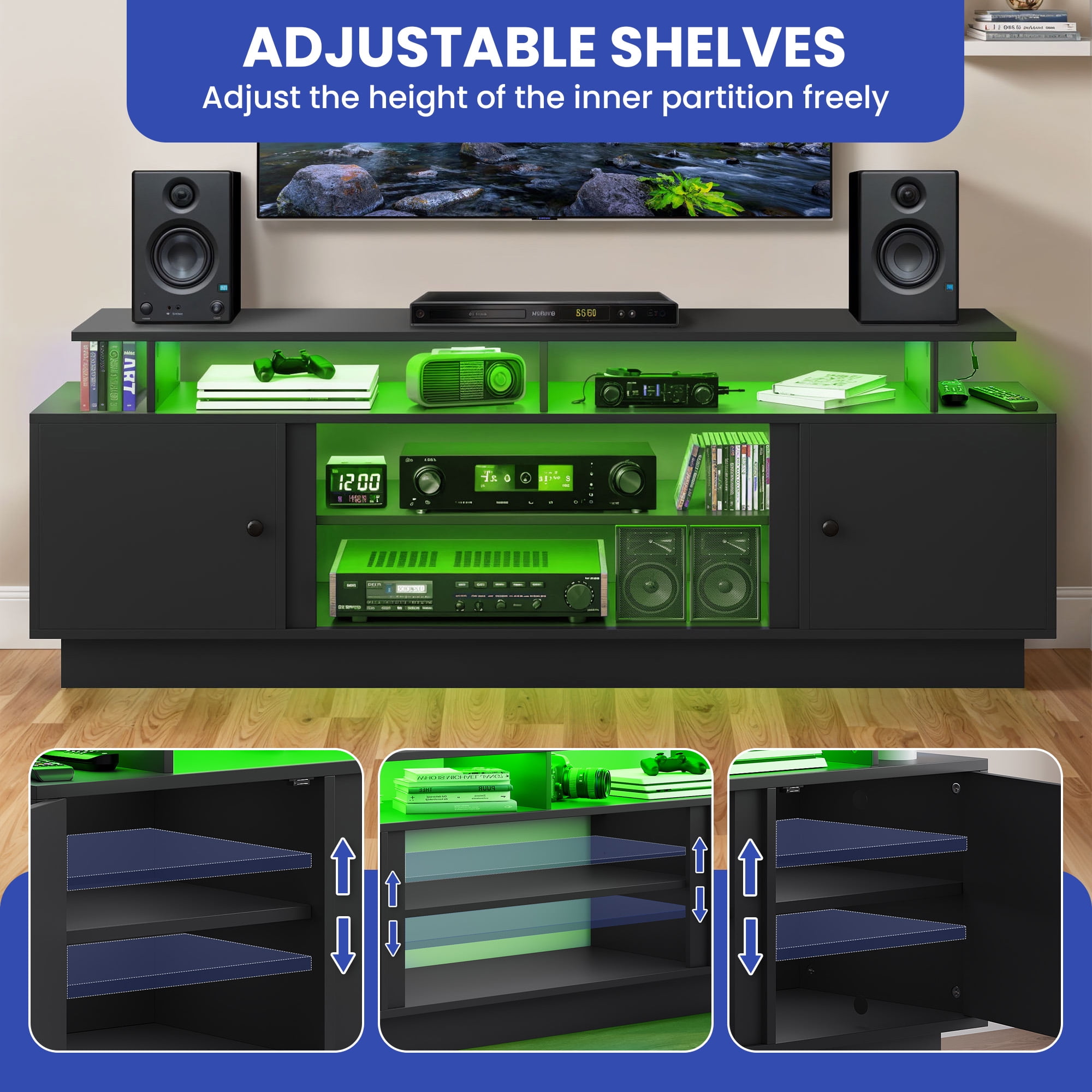 Dextrus 70 Inch Black Modern TV Stand, Suitable for TVs Up to 75 Inches, Living Room Entertainment Center with Light Strip, Storage Cabinets and Adjustable Partition