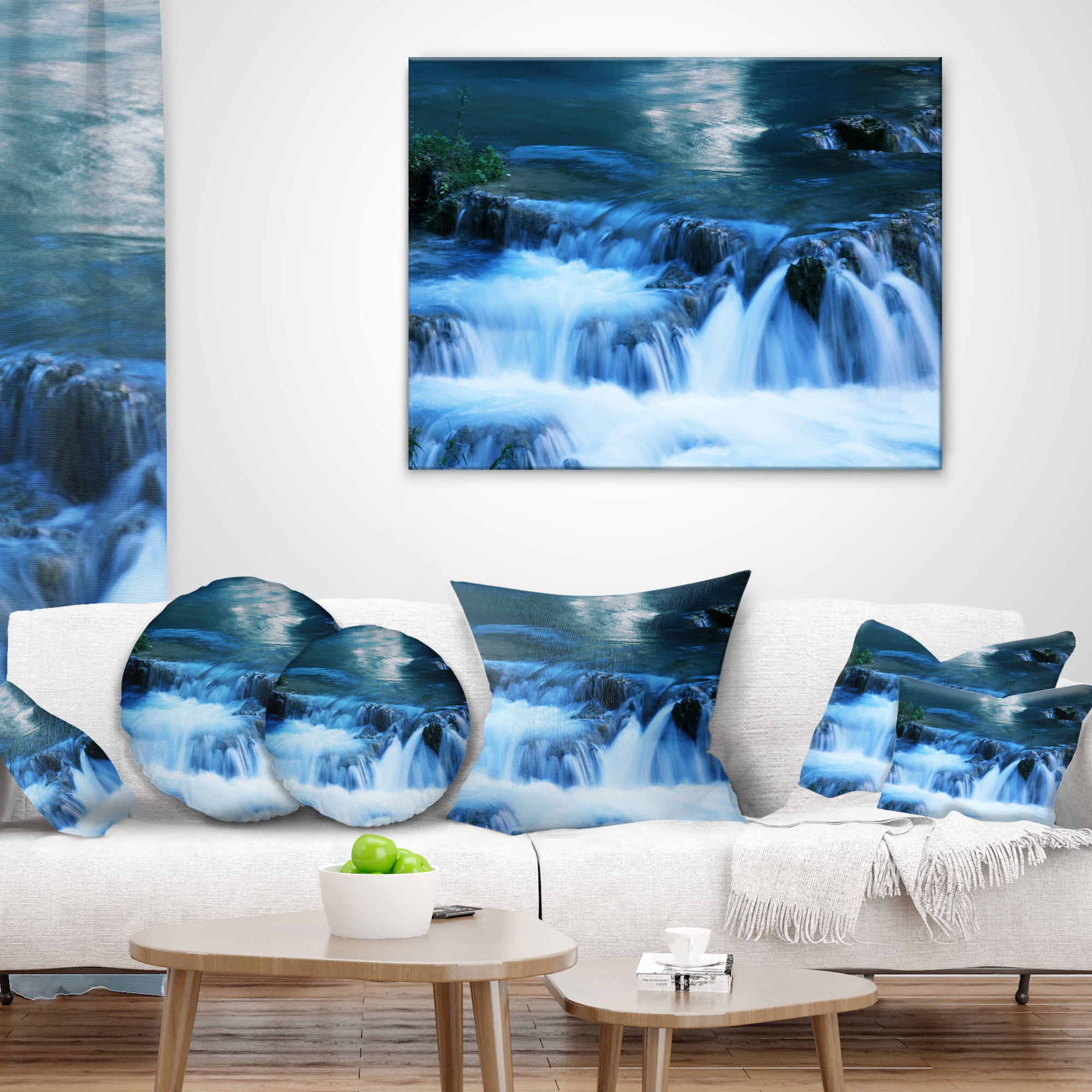 Designart Beautiful Small Blue Waterfalls - Landscape Wall Throw Pillow - 18x18