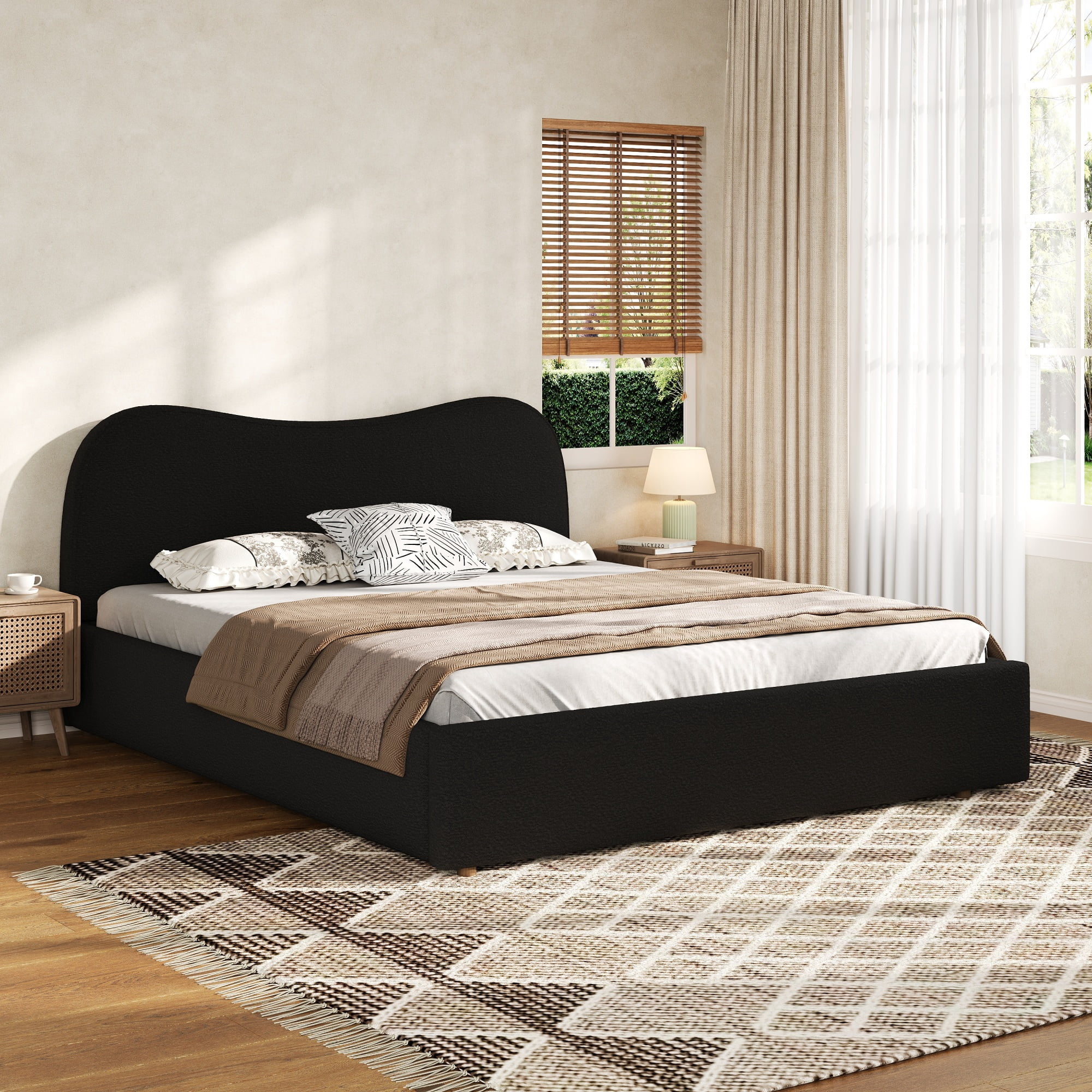 King Size Upholstered Platform Bed with Wooden Slats, Easy Assembly‌