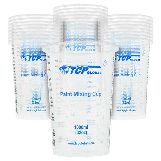 TCP Global 32 Ounce (1000ml) Disposable Flexible Clear Graduated Plastic Mixing Cups Box of 25
