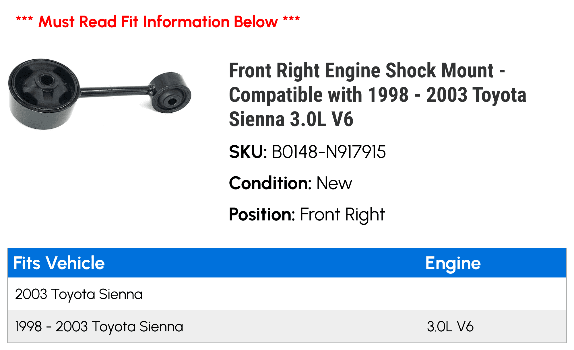 Front Right Engine Shock Mount - Compatible with 1998 - 2003 Toyota Sienna 3.0L V6 - Replacement