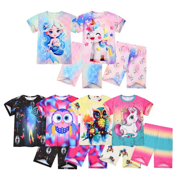 Beilxfa Little Girls Cartoon Short Sets Summer 2 Piece Outfits Toddler Teen Girl Top T-shirt and Shorts Pjs 3-10T,1pcs-Mermaid