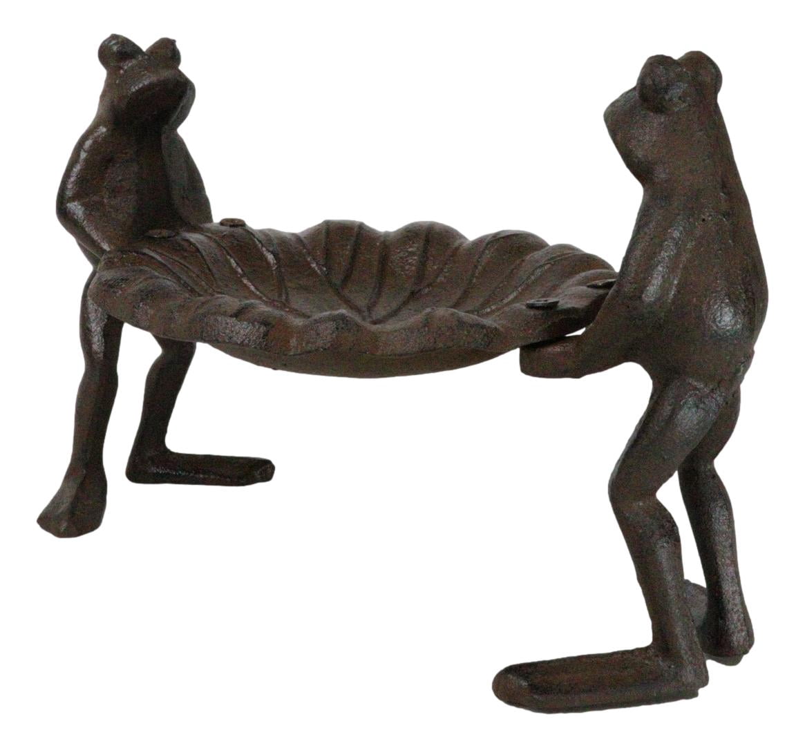 Cast Iron 2 Toad Frogs With Waterlily Lily Pad Bird Feeder Bath Garden Figurine