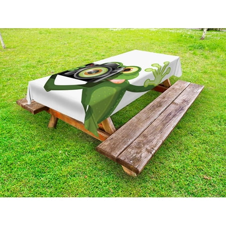 

Animal Outdoor Tablecloth Photographer Merry Green Frog Taking a Picture with His Camera Cute Funny Artful Decorative Washable Fabric Picnic Table Cloth 58 X 84 Inches White Black by Ambesonne