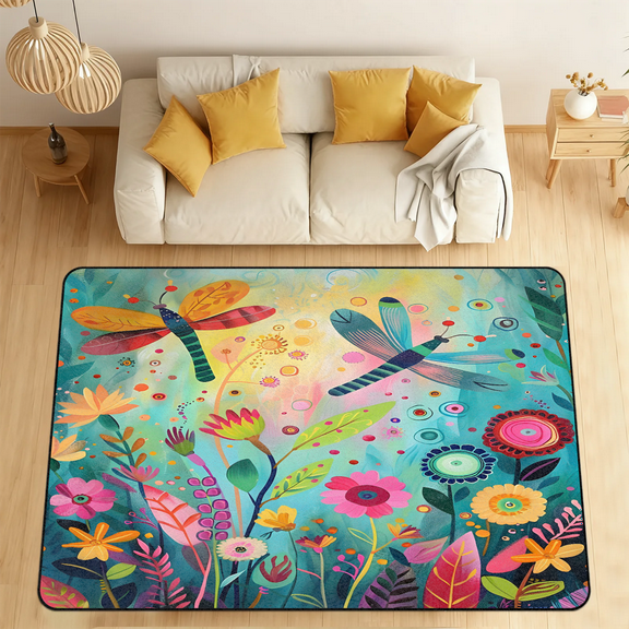 CURLYOOT Spring Summer Dragonfly Area Rugs for Living Room Bedroom, 4' 10" x 6' 8" Washable Rug, Floor Carpet with Non Slip Backing for Dining Room Indoor