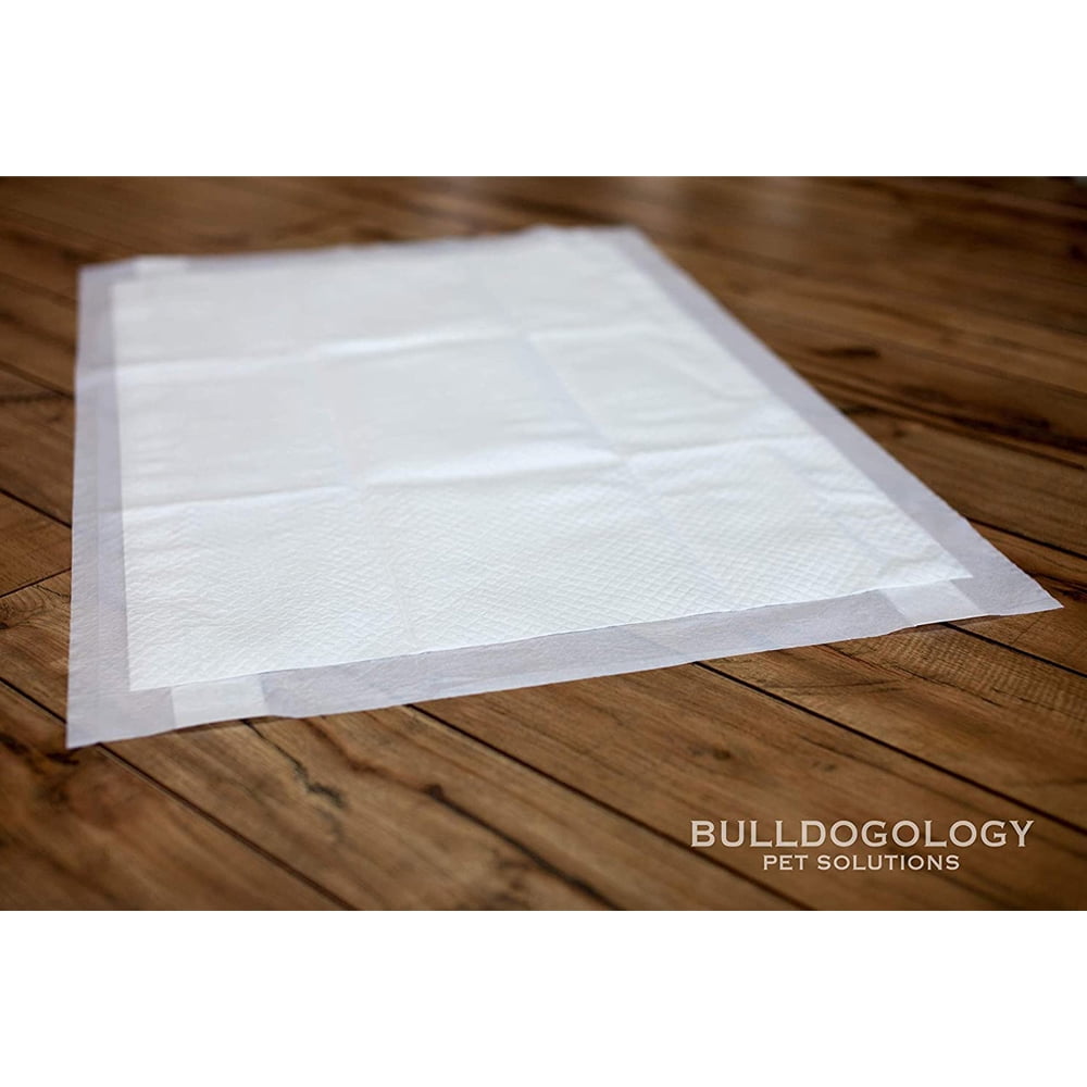 Bulldogology Puppy Pee Pads XL with Adhesive Sticky Tape - Extra Large Dog Training Wee Pads (24x35) 6 Layers with Extra Quick Dry Bullsorbent Polymer Tech (60-Count, White)