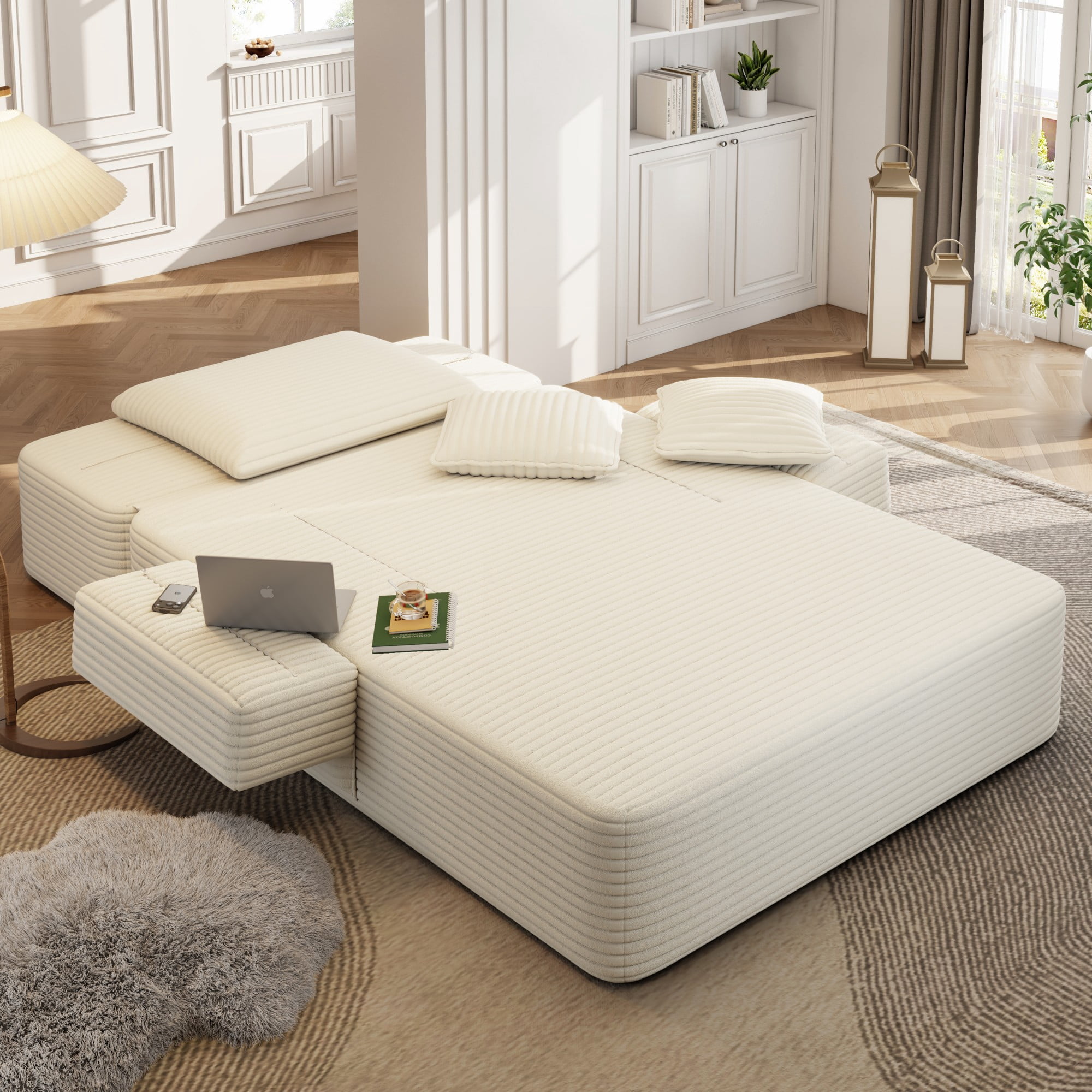 Aukfa Chaise Lounge Chair Indoor, Oversized Corduroy Boneless Sleeper Sofa Bed with Storage Pockets, Adjustable Backrest&3 Pillows, Reading Couch for Living Room Apartment, Beige