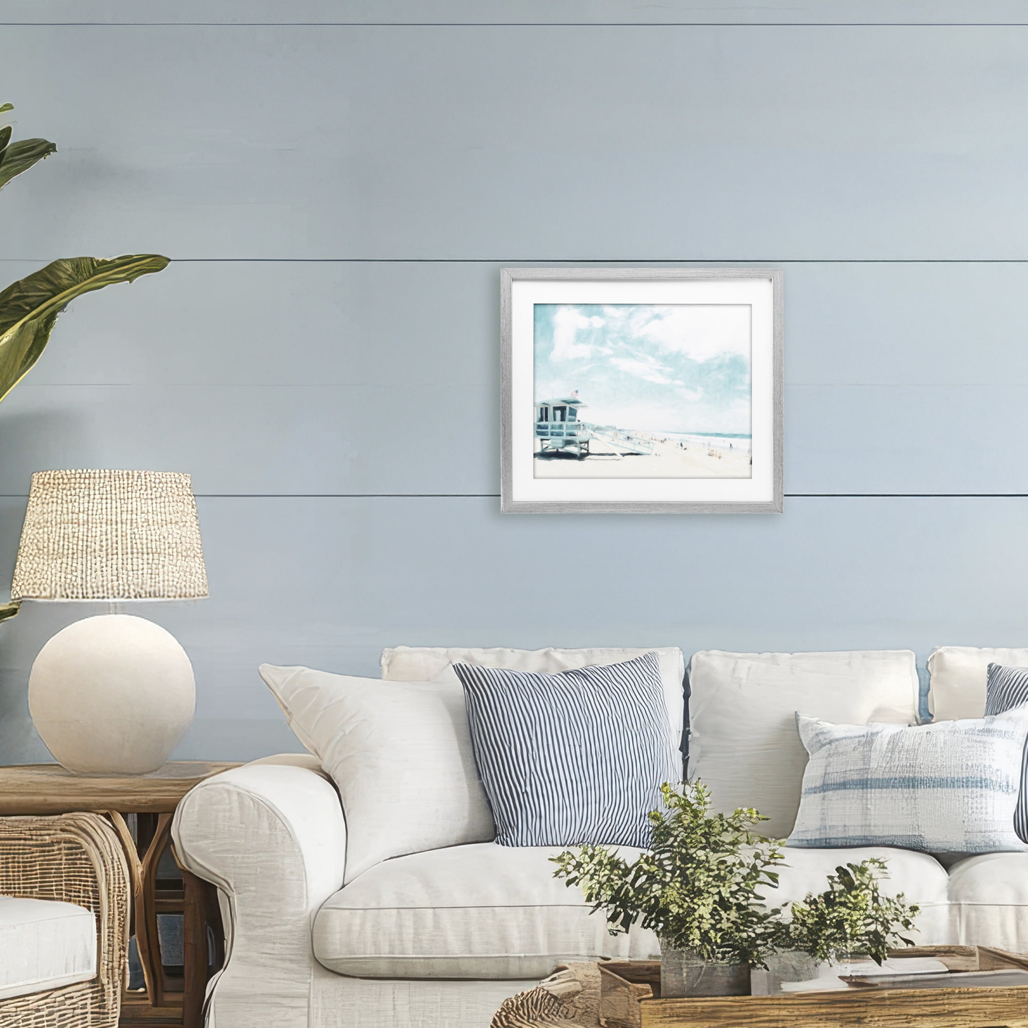 Stupell Industries Blue Beach Station Gray Framed Print Under Glass, design by Kim Curinga