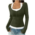 thumbnail image 5 of FRSASU Women's Long Sleeve Shirts Fake Two-Piece Camisole Button Slim Fitted T Shirts Fashion Going Out Tops Army Green, 5 of 6