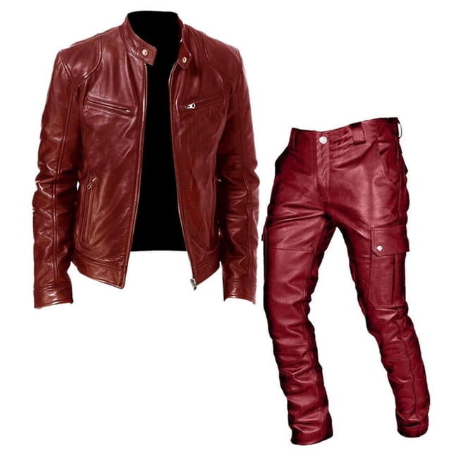 Migroa Classic Vintage Motorcycle Jacket Set for Men | Leather Bomber & Pants | Windproof Fall/Winter Two-Piece Suit , Wine 4Xl