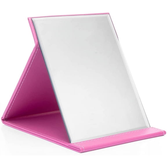 Makeup Mirror,Portable Folding Mirror with Adjustable Stand for Tabletop,PU Leather,Perfect Size for Camping,Vocation,Home Vanity and Office Desk,Rose Red