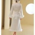 thumbnail image 4 of Defitshape Women's Long Robe Satin Luxury Faux Fur Trim Bridal Robes Silk Bathrobe Summer Long Sleeve Bridesmaid Sleepwear White Small, 4 of 4