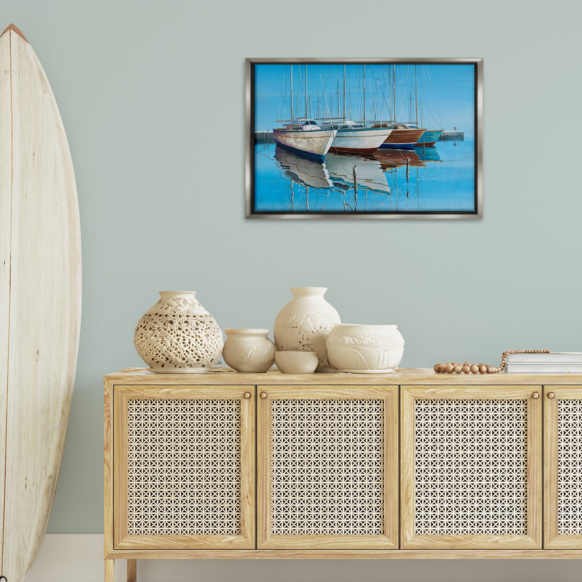 Stupell Industries Four Docked Boats Reflection Transportation Painting Gray Floater Framed Canvas Art Print Wall Art, 31 x 21