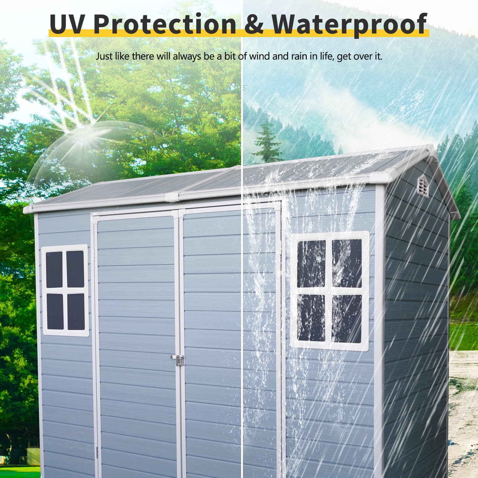 IMagacFun 8x4 Resin Outdoor Storage Shed Heavy Duty Waterproof Shed Plastic Shed with Floor,2 Windows and Lockable Doors for Garden Patio Backyard Grey
