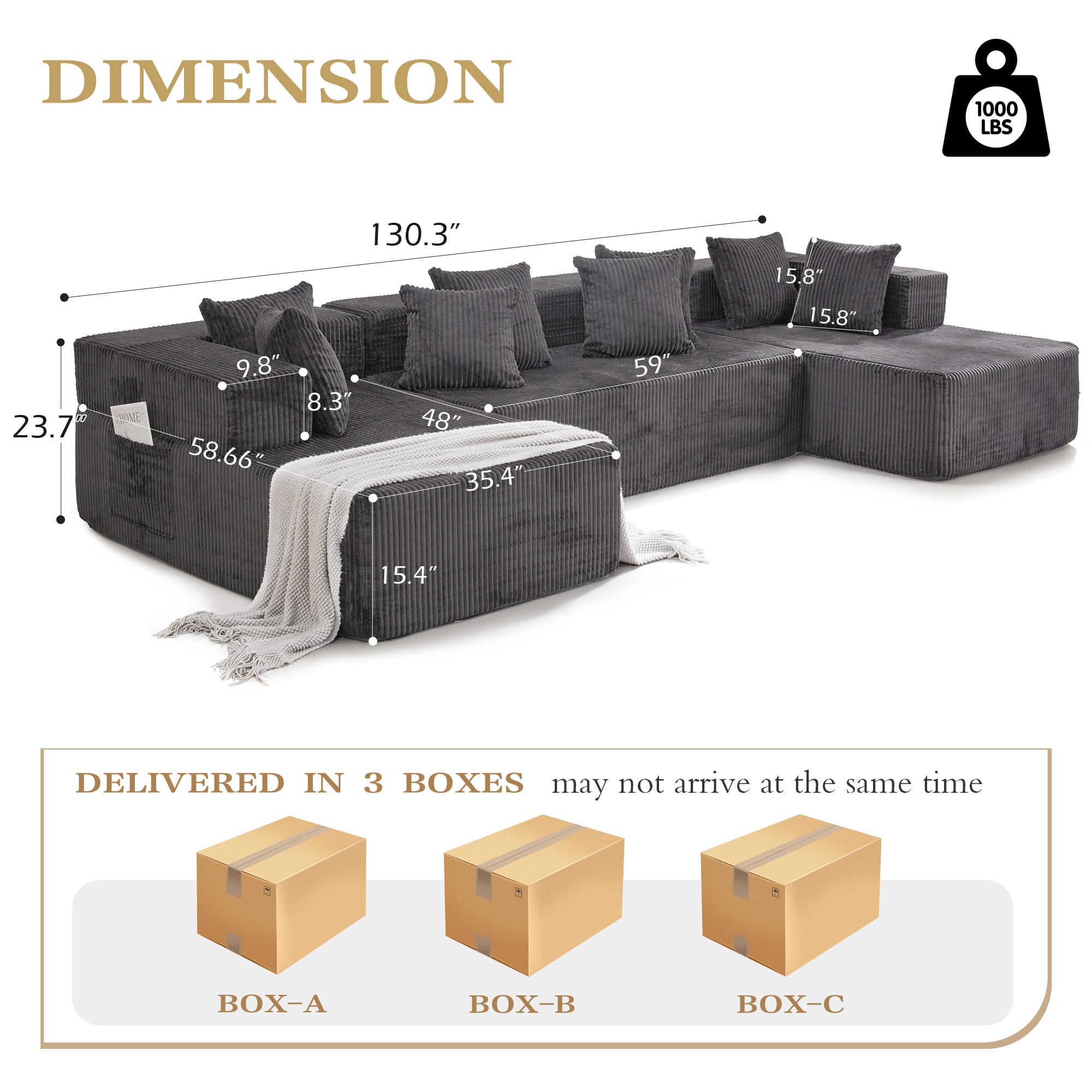 Vicluke 131" Boneless Memory Foam Sofa with Chaise Lounge, Comfy Corduroy Fabric Modular Sectional Couch, U-Shaped Sofa for Living Room & Apartment, No Assembly Required (Gray)