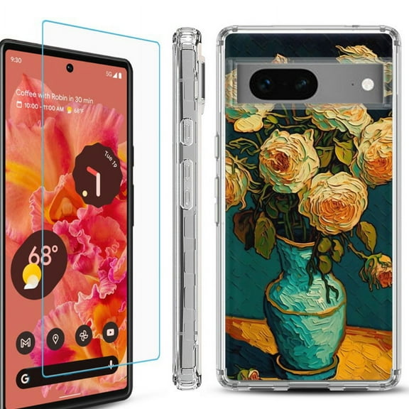 OneToughShield ® Compatible with Google Pixel 8, Shockproof Phone Case, with Tempered Glass Screen Protector - Roses in a vase