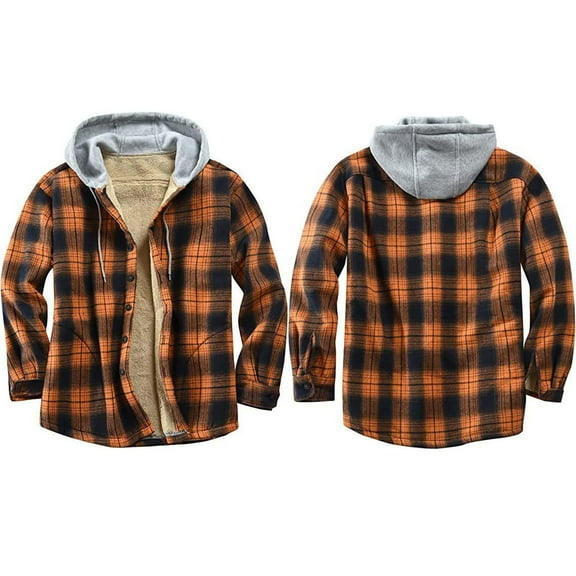 Lolmot Fleece Jacket Men Casual Plaid Plush Button Down Flannel Shirt Jacket Heavy Lined Flannel Jacket Hooded Winter Warm Coat with Pockets on Clearance