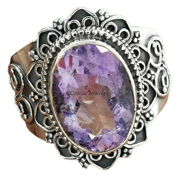 Amethyst Genuine Purple Gemstone Band Ring, Statement Handmade Designing Fine Jewelry, Promise Ring, Adorable Ring, Bohemian Silver Oxidized Ring, February Birthstone Ring (amethyst, Size 7)